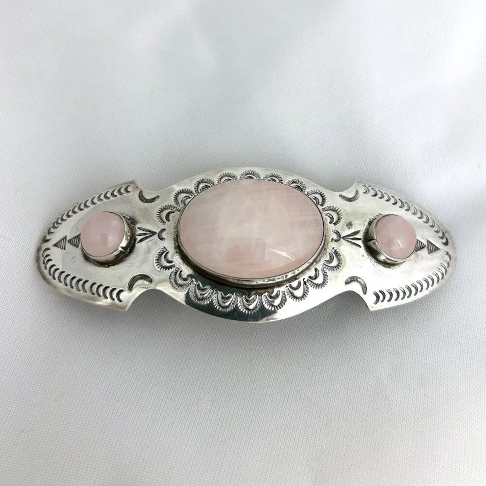 Sterling 925 Silver, Stamped Hair Clip w/ Rose Quartz Cabochons 3.75